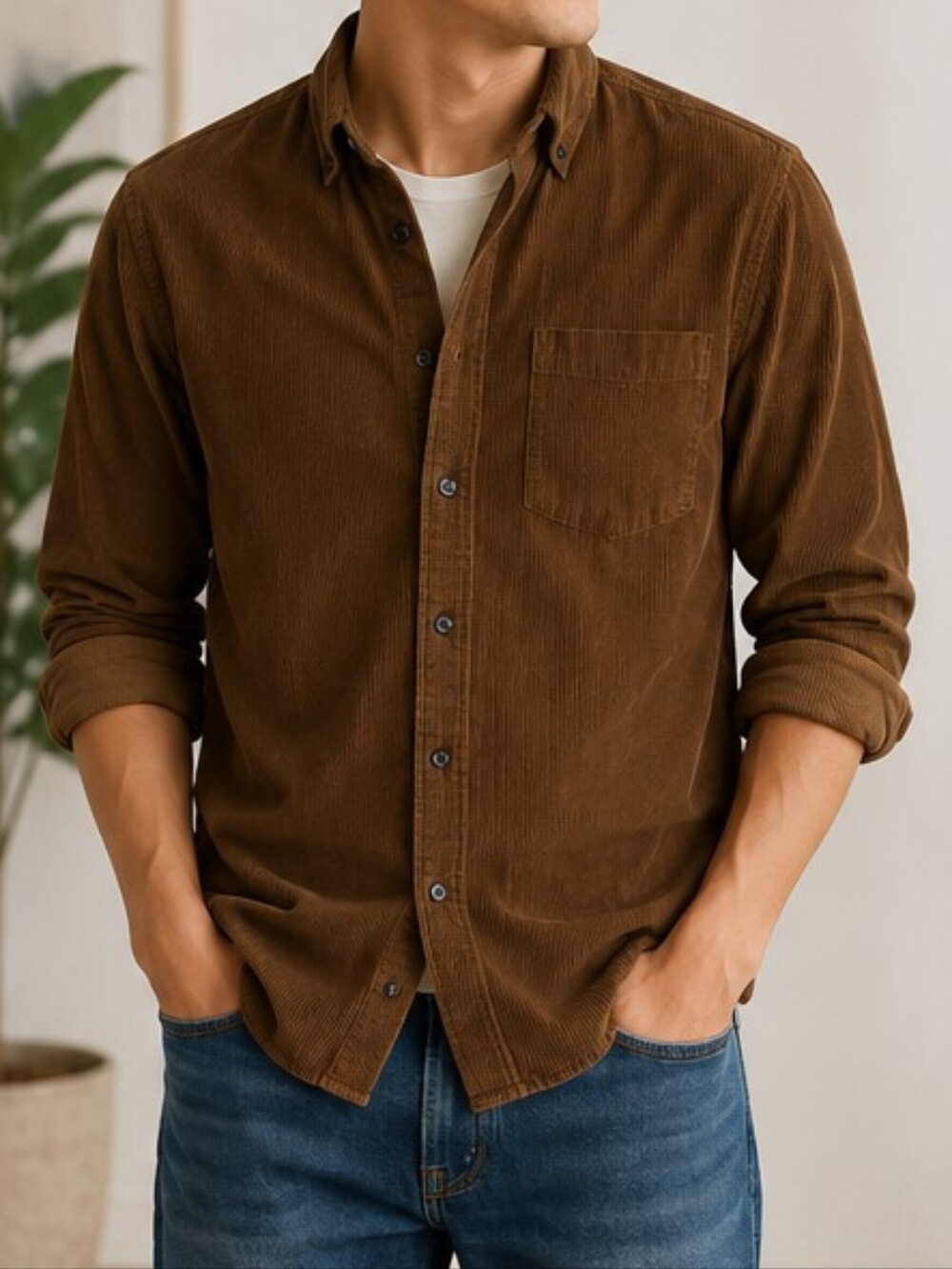 Express Factory Brown 100% Cotton Corduroy Button-Up Shirt Men's SmallClassic